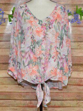 Olivia & Martin Ladies 2X Floral Blouse V-neck Long Sleeves Knotted Hem Semi She